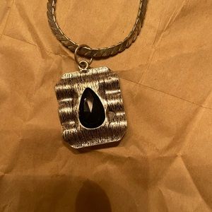 Napier Silvertone Necklace with Black Pendant